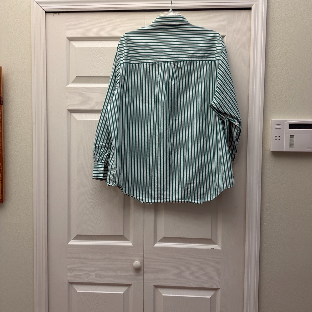 GAP Green and White Vertical Stripe Button-Down Shirt - Picture 2 of 7